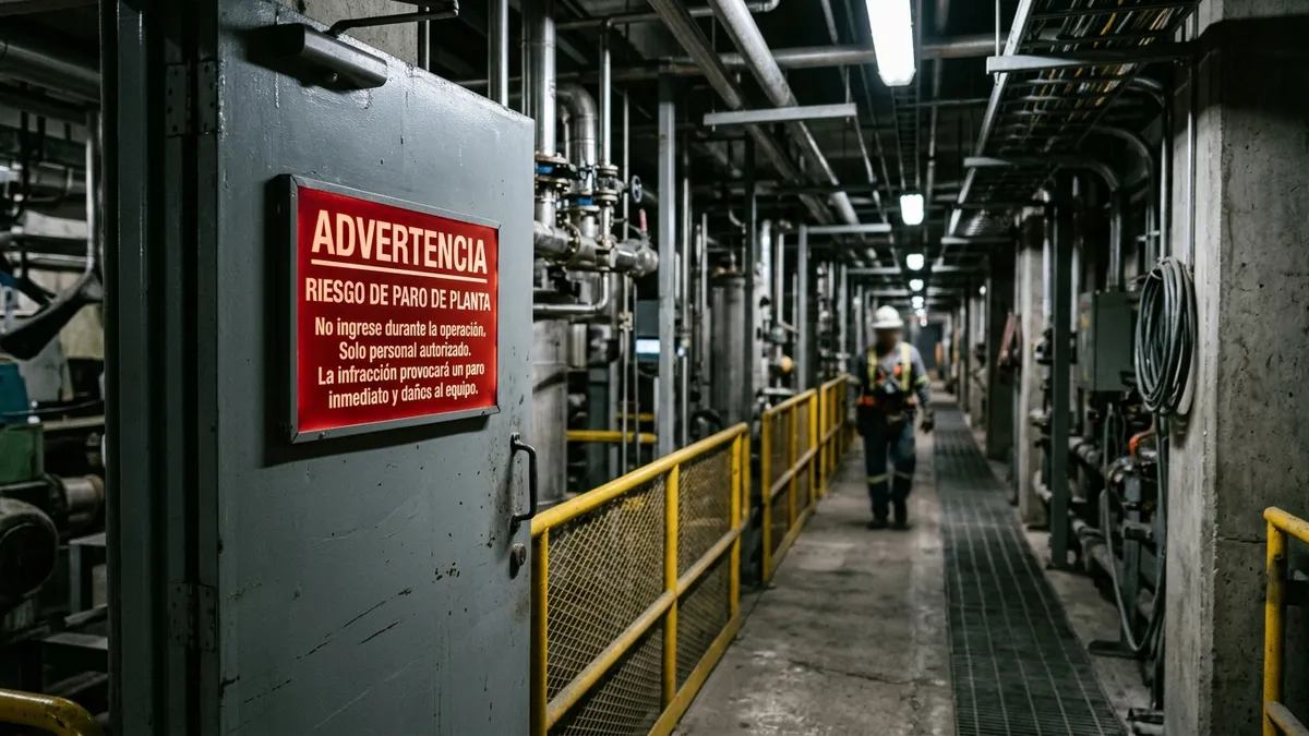 Pasillo de una planta con un cartel rojo de advertencia en una puerta metálica que restringe el acceso al personal autorizado