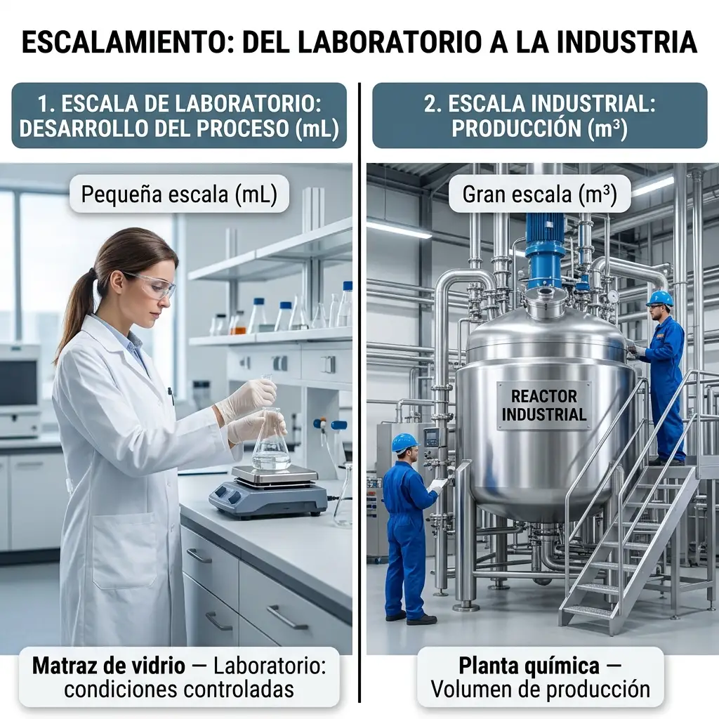Infografía dividida: a la izquierda, una química trabaja con un matraz en un laboratorio; a la derecha, dos operarios junto a un gran reactor industrial