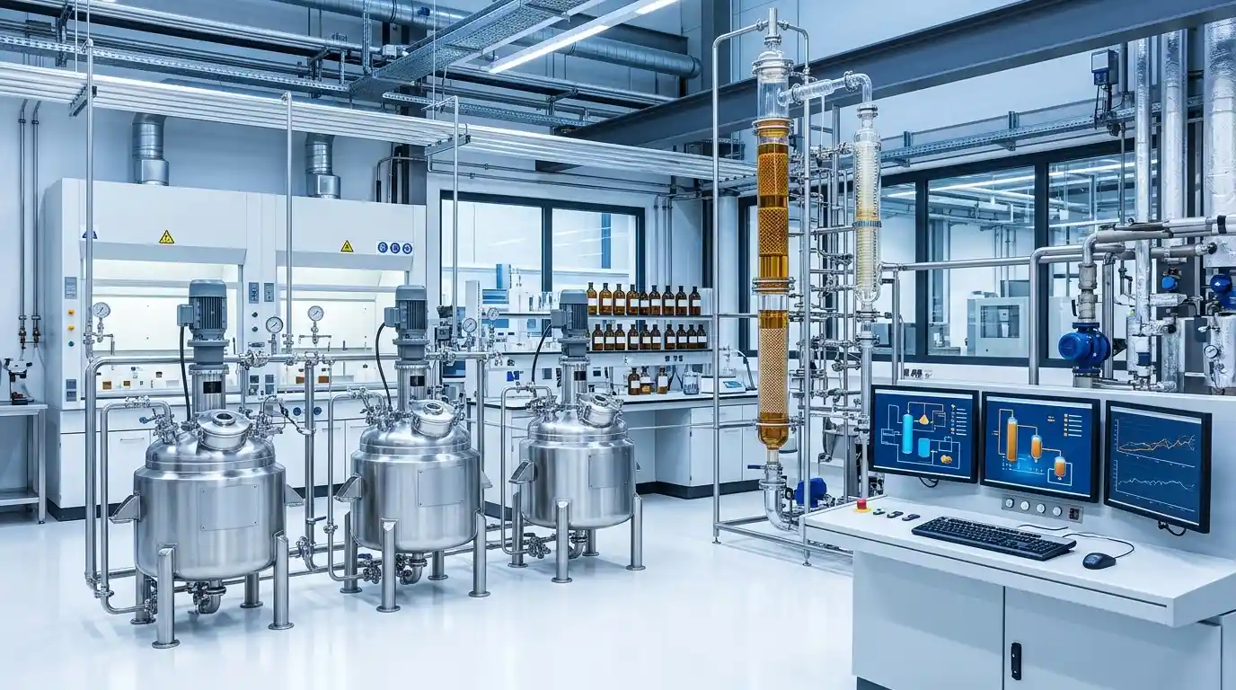 Laboratorio piloto de química con tres reactores de acero inoxidable, una columna de vidrio con líquido ámbar y una consola de control con pantallas de proceso