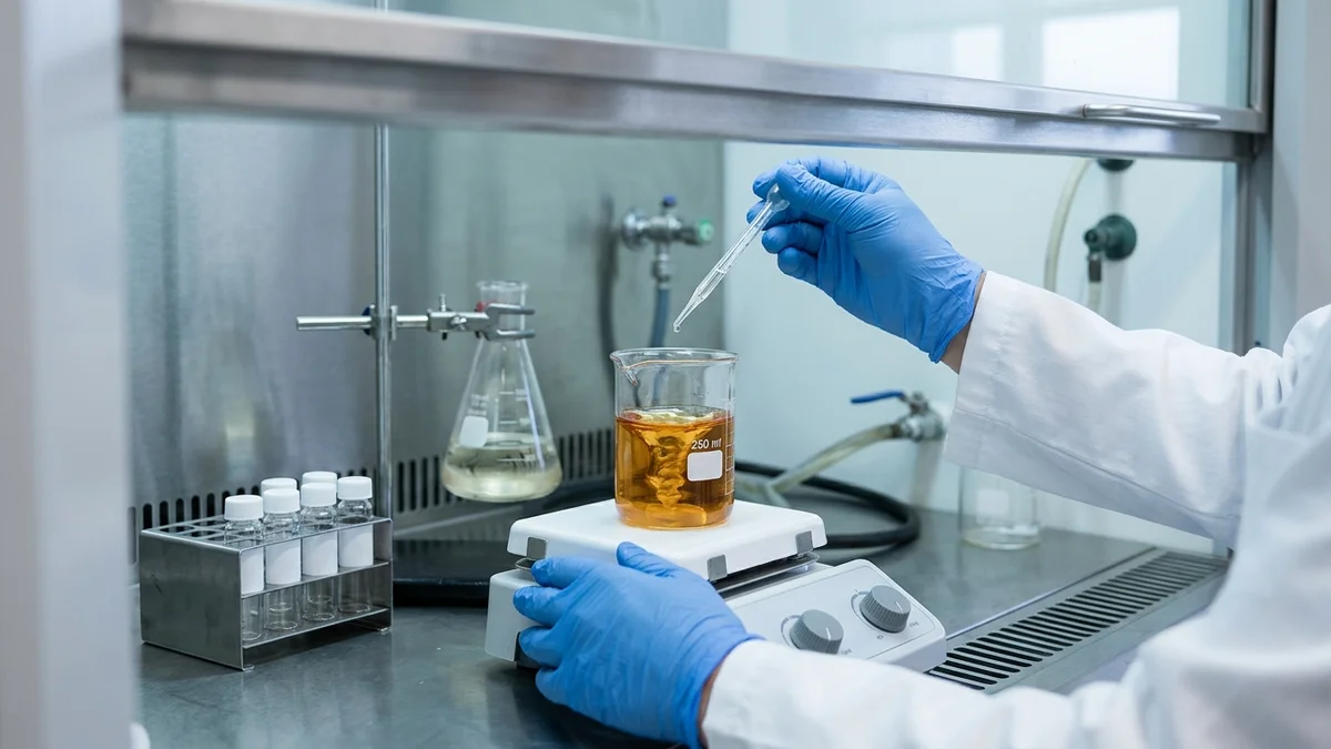 Manos con guantes azules gotean un reactivo sobre un vaso de precipitados de 250 ml con líquido ámbar en agitación durante una prueba de compatibilidad