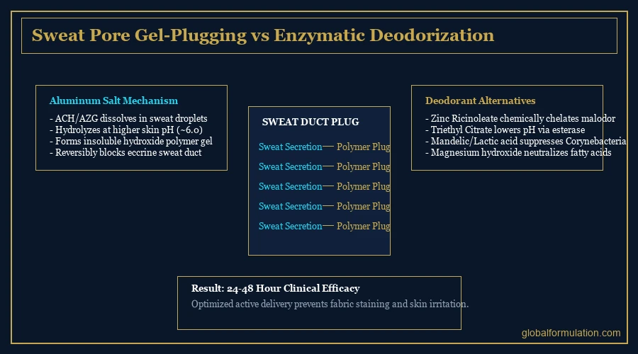 aluminum salt powder dissolving in antiperspirant formulation base — aluminum chlorohydrate antiperspirant chemistry | Global Formulation diagram