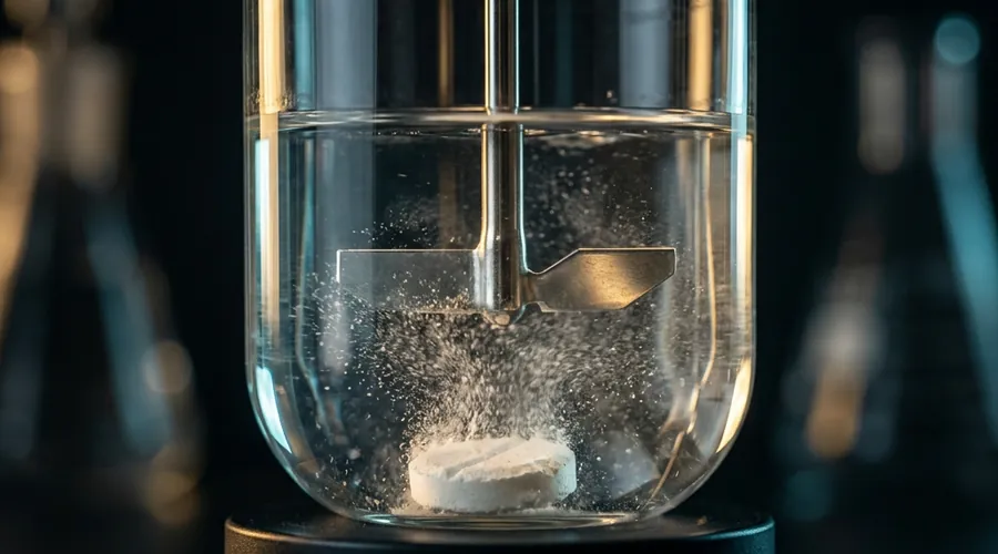 dissolution method development process diagram — a tablet eroding in a dissolution vessel under a turning paddle | Global Formulation
