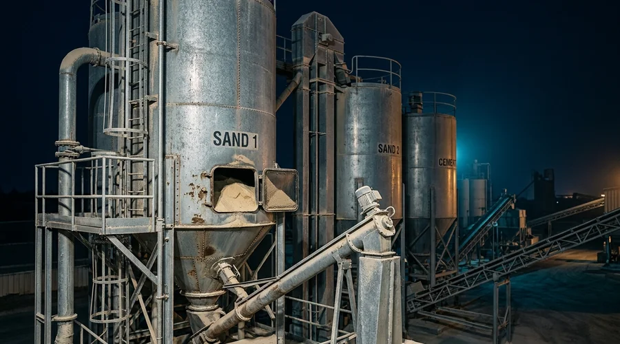 dry mix mortar manufacturing process diagram — a row of tall steel storage silos holding dried, screened sand fractions and binder at a dry mortar plant | Global Formulation