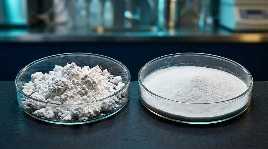 rice starch and silica powder comparison — two open laboratory dishes of fine white absorbent powder on a dark bench | Global Formulation