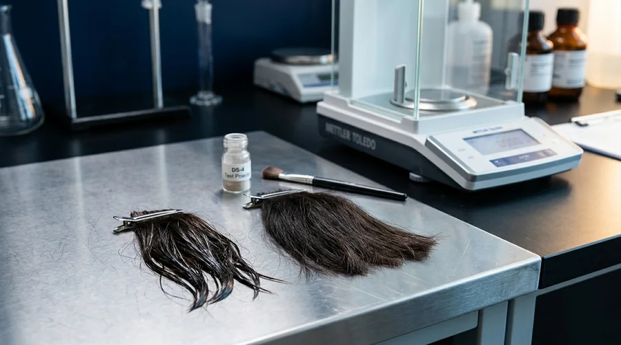 oil absorption test on a treated hair swatch — a hair sample being examined under laboratory lighting on a dark bench | Global Formulation