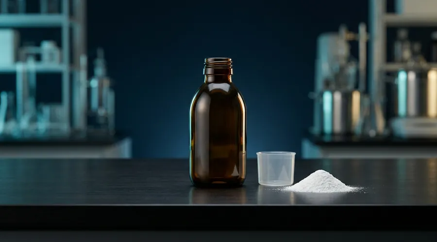 dry syrup formulation process diagram — amber pharmaceutical bottle with a measuring cap and white powder | Global Formulation