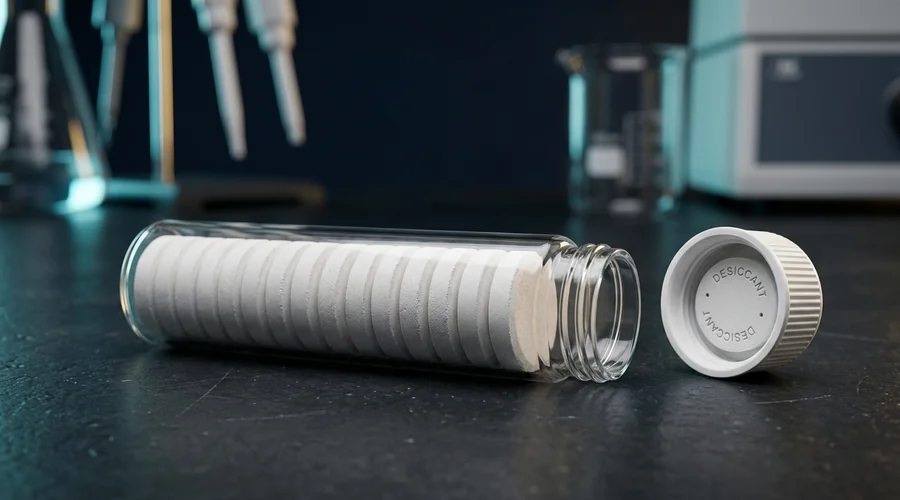 effervescent tablet packaging process diagram — white tablets in a glass tube beside a desiccant cap | Global Formulation