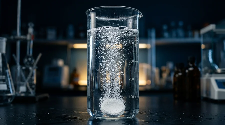 effervescent tablet dissolution comparison infographic — bubbles streaming upward from a dissolving tablet in clear water | Global Formulation