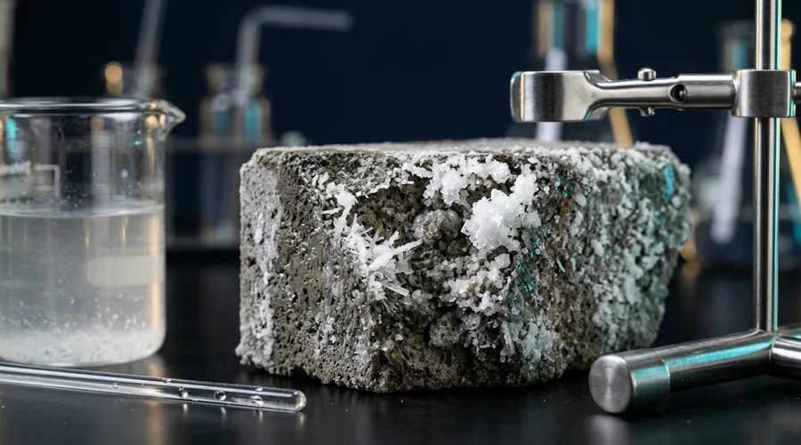 efflorescence concrete process diagram — efflorescence deposit macro close-up on a concrete paver edge | Global Formulation
