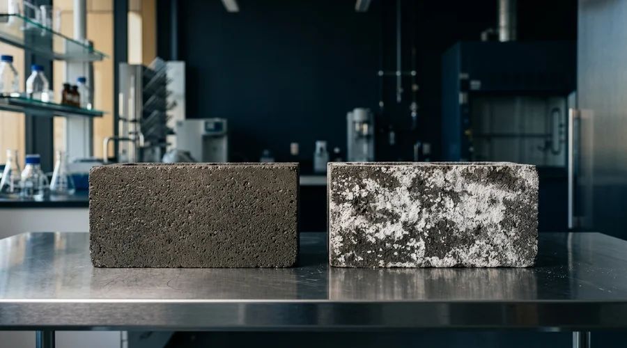 efflorescence concrete comparison infographic — treated and untreated masonry samples showing salt deposits | Global Formulation