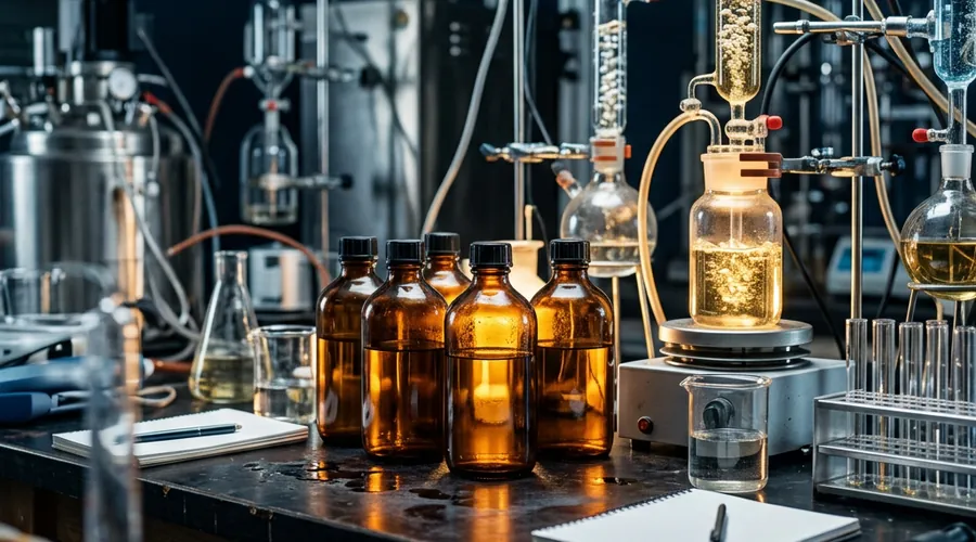 EC storage stability comparison infographic — amber agrochemical concentrate bottles on a dark laboratory bench beside formulation glassware | Global Formulation