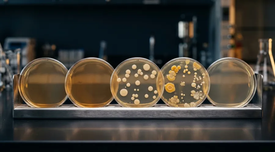 environmental monitoring pharmaceutical comparison infographic — incubated agar plates showing microbial colonies on a dark bench | Global Formulation