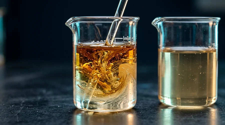 two component epoxy mixing induction diagram — resin and hardener being combined in a clear glass beaker with a stir rod on a dark bench | Global Formulation