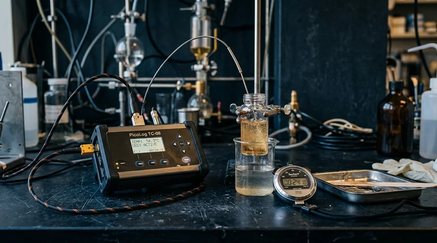 epoxy coating exotherm temperature curve comparison infographic — data logger and thermocouple monitoring a curing epoxy sample on a lab bench | Global Formulation