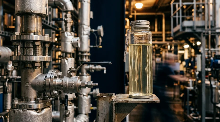 ethoxylation production scene — sealed sample cylinder of clear alcohol ethoxylate beside a stainless sampling valve and reactor pipework | Global Formulation