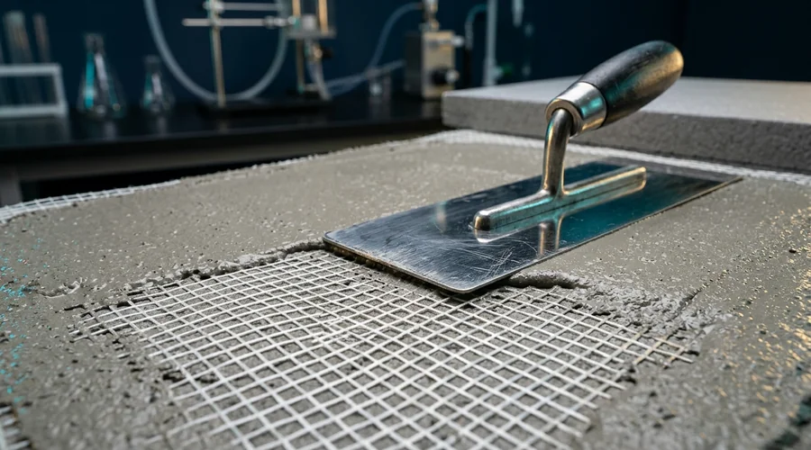 EIFS insulation adhesive process diagram — glass fibre mesh being embedded into a wet base coat render | Global Formulation