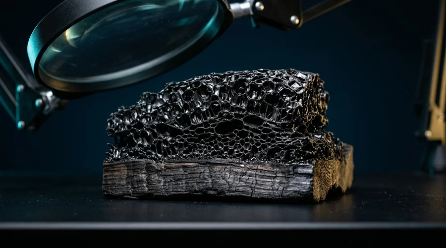 phosphorus nitrogen flame retardant coating — a magnified cross-section of a heated intumescent film swelling into a layered carbon foam above charred timber | Global Formulation diagram