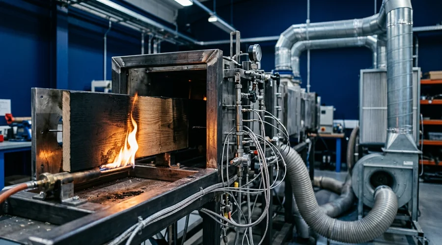 wood fire rating coating — a coated timber test panel mounted for a surface burning characteristics tunnel test in a fire laboratory | Global Formulation infographic