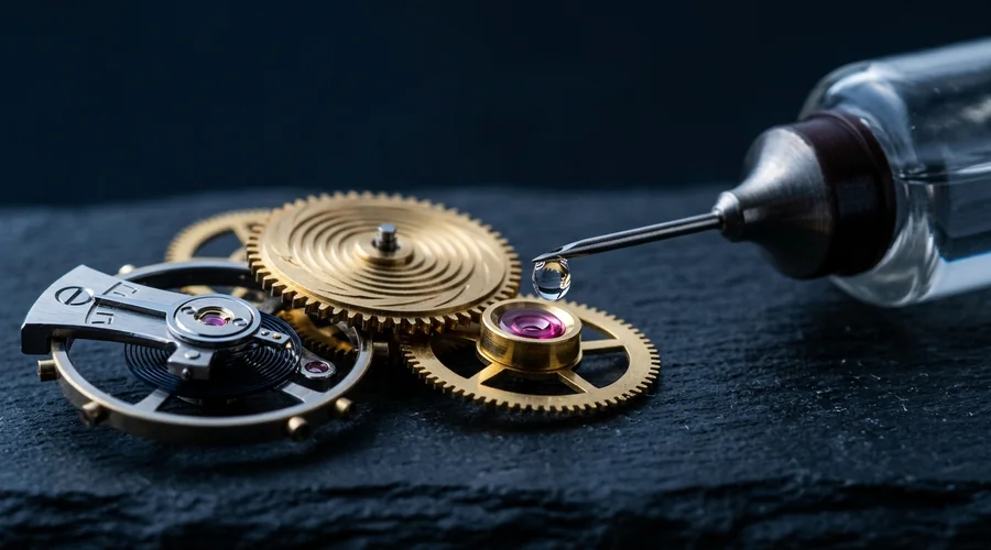 corrosion inhibiting oil metal parts comparison infographic — small precision watch gears beside a fine oil applicator bottle on a laboratory bench | Global Formulation