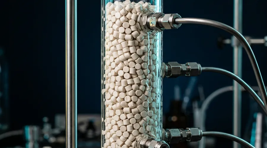 Fixed bed reactor process detail — glass column packed with alumina extrudates and pressure taps | Global Formulation
