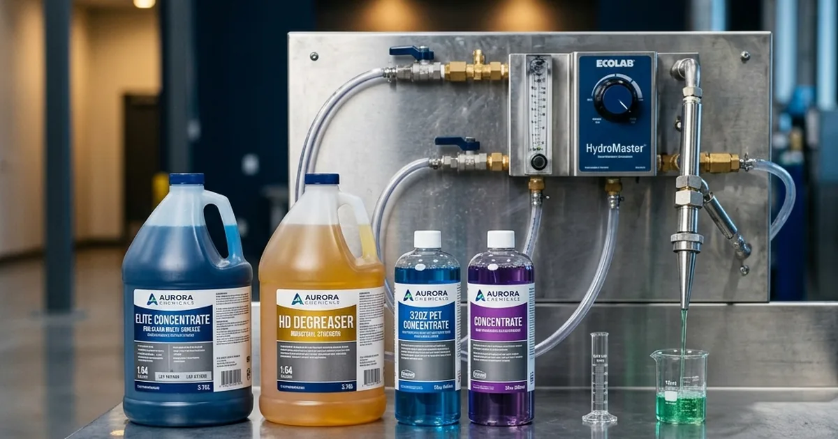 commercial floor cleaning product line — concentrate bottles and dosing equipment | Global Formulation