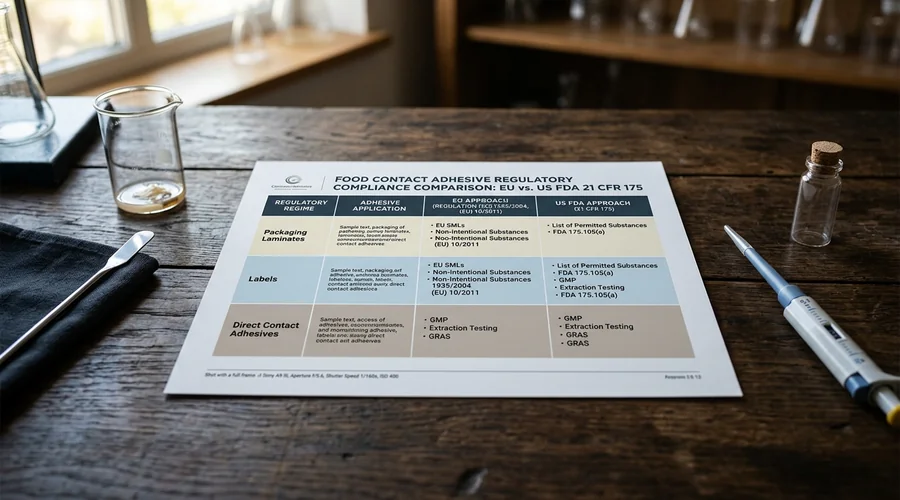 food contact adhesive compliance requirements infographic — EU versus FDA comparison | Global Formulation