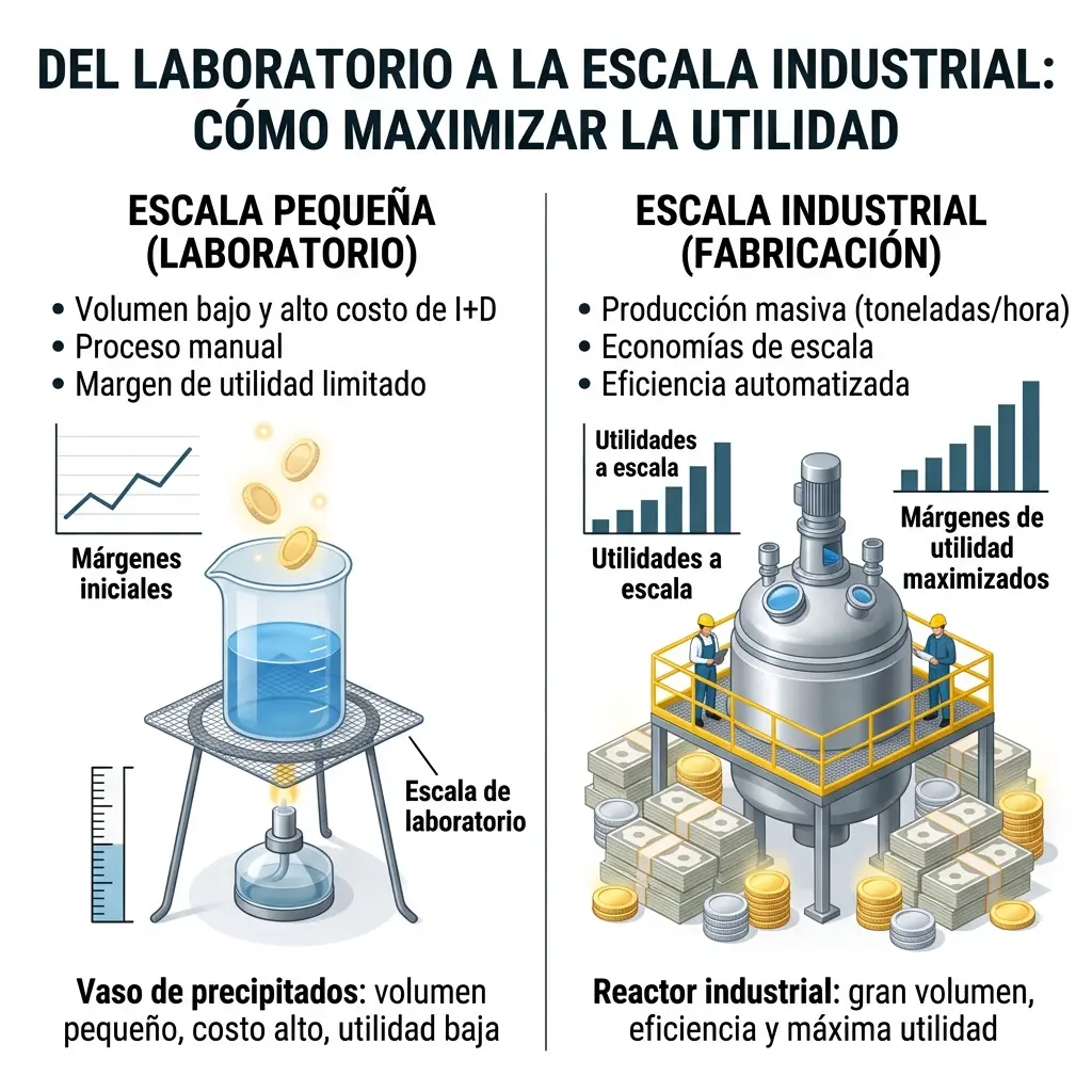 Infografía que compara un vaso de precipitados de laboratorio con pocas ganancias y un reactor industrial rodeado de billetes y monedas que simboliza mayores utilidades a escala