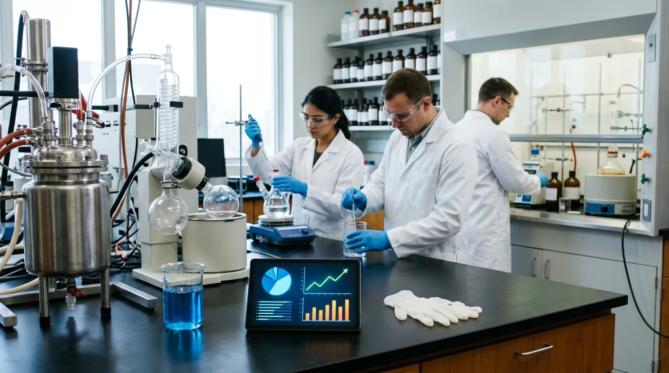 Laboratorio de formulación con un reactor de acero, un rotavapor y tres químicos de bata blanca; en primer plano, una tableta con gráficas de costos
