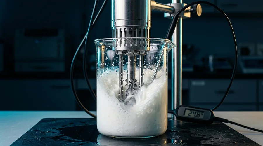 fragrance encapsulation process diagram — laboratory emulsification equipment forming an oil-in-water dispersion for microcapsule manufacturing | Global Formulation