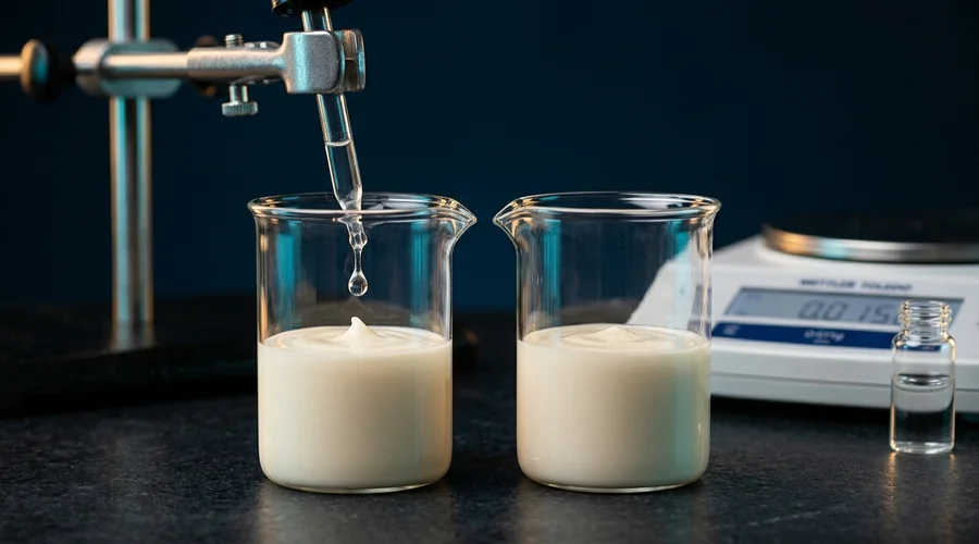 masking fragrance formulation laboratory — two glass beakers of cosmetic base, one with a small dropper of masking fragrance being added, on a dark bench | Global Formulation