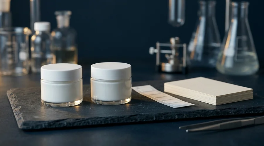 sensitive skin cosmetic testing comparison — two identical cream jars beside a patch test strip and dermatology reference cards on a lab bench | Global Formulation