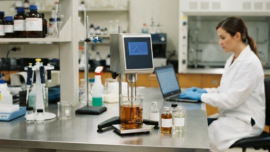 Laboratorio de control de calidad: un viscosímetro de acero con el husillo sumergido en un vaso de aceite ámbar y una analista con bata y guantes azules trabajando con un portátil