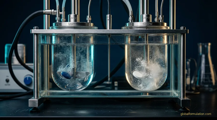 generic drug reverse engineering — dissolution testing apparatus comparing generic and branded tablet samples | Global Formulation