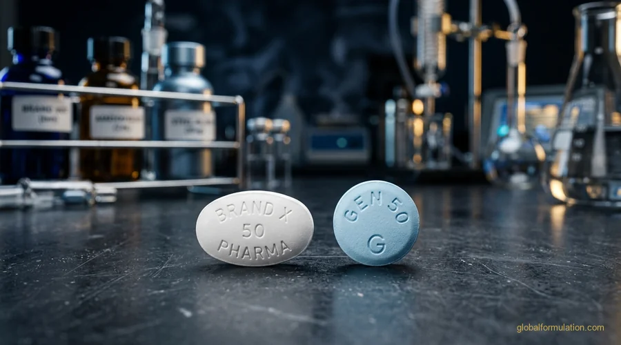 generic pharmaceutical R&D outsourcing — reference and generic drug tablets compared side by side on a laboratory bench | Global Formulation