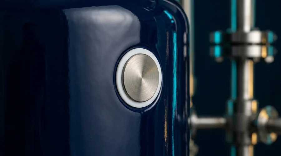 glass lined reactor process detail — tantalum repair plug set into the dark blue glass lining of a vessel wall | Global Formulation