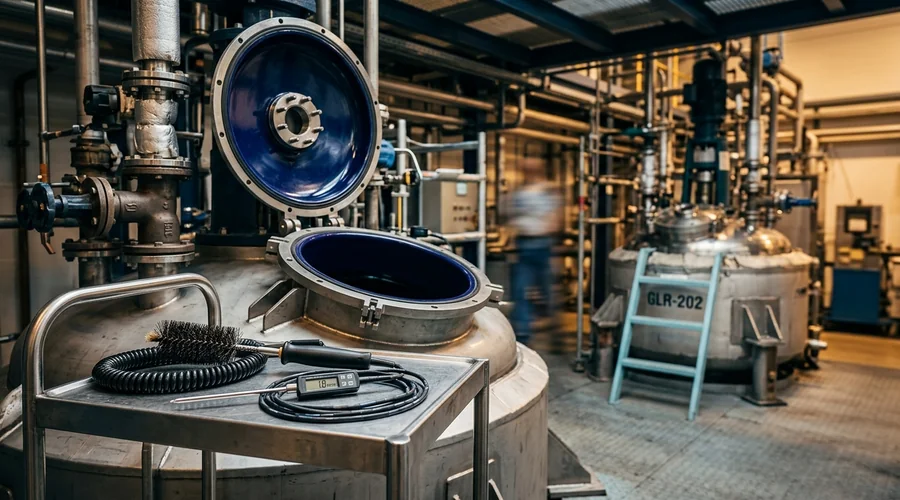 glass lined reactor production scene — inspection bay with open manway, spark tester and thickness gauge | Global Formulation