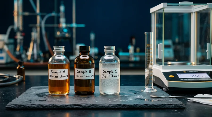 green chemistry metrics process detail — labelled sample bottles of process liquor, recovered solvent and aqueous effluent on a dark laboratory bench | Global Formulation