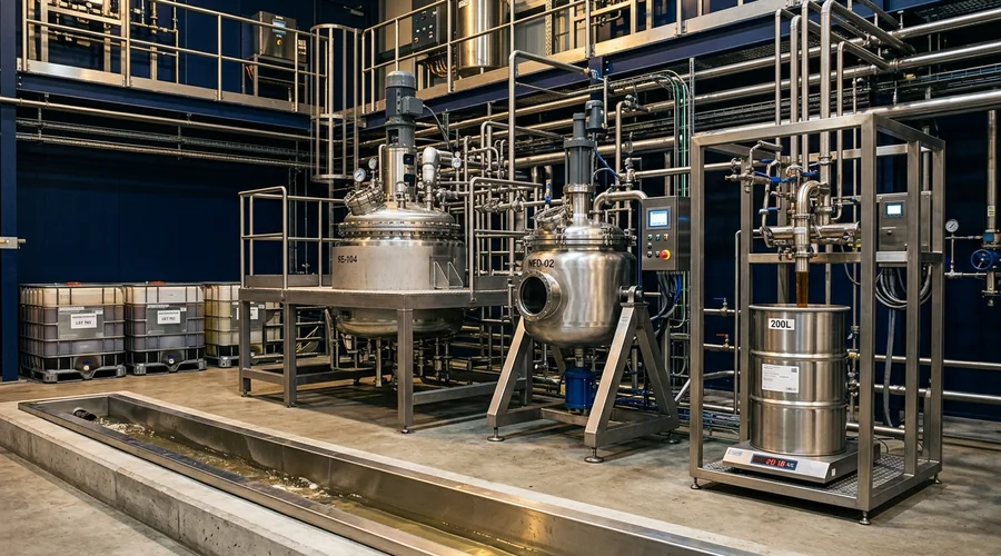 green chemistry metrics production scene — reactor, filter and drum-filling station with an effluent sump and IBC totes of process waste on a chemical production floor | Global Formulation