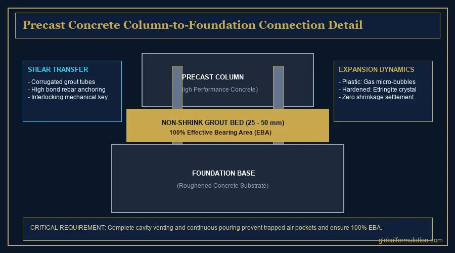 precast panel connection grouting diagram — precast panel connection cross section with grout fill visible | Global Formulation diagram