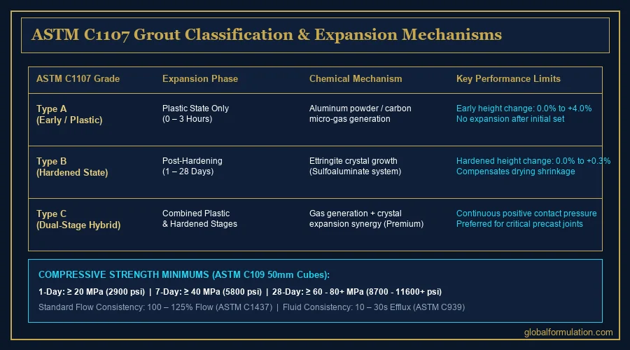 precast concrete grout expansion test infographic — non-shrink grout sample expansion test in a mold on a laboratory bench | Global Formulation infographic