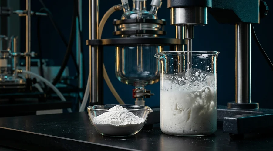 gypsum plaster formulation process diagram — gypsum powder and mixed slurry in dishes on a dark bench | Global Formulation
