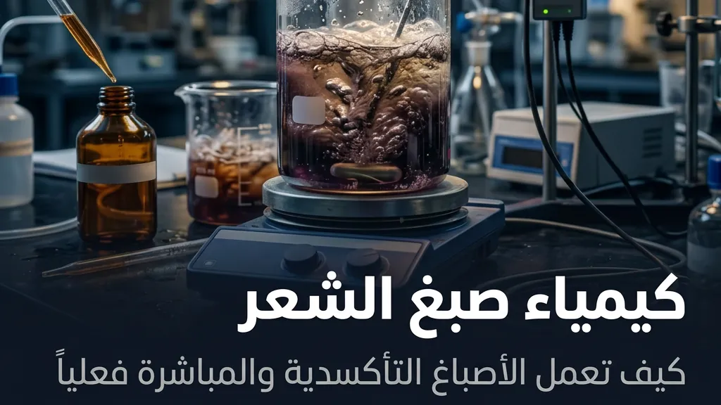 كيمياء صبغ الشعر والأصباغ التأكسدية — كريم صبغة داكن وزجاجات مُظهِّر بيروكسيد الهيدروجين على طاولة مختبر | Global Formulation