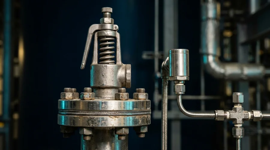 HAZOP study process detail — spring-loaded pressure relief valve on a flanged vessel nozzle with a pressure transmitter | Global Formulation