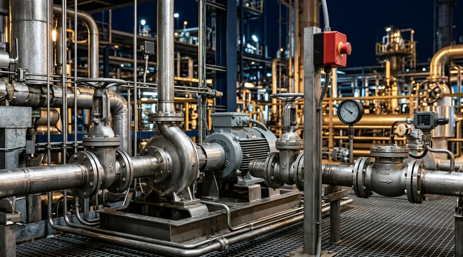 HAZOP study production scene — pump skid with isolation valves, check valve and emergency stop station | Global Formulation