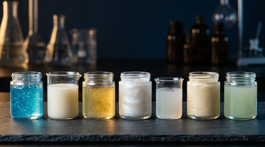 herbal extract stability process diagram — row of glass shampoo sample bottles from clear gold to dark brown with haze and sediment | Global Formulation