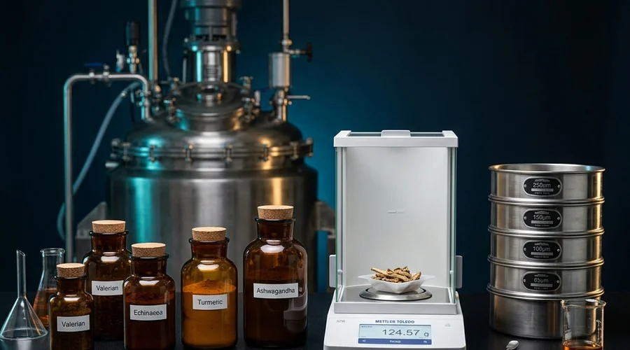 herbal shampoo batch comparison infographic — stainless steel laboratory mixing vessel blending golden-brown shampoo base beside a pH meter | Global Formulation