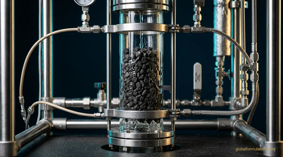 catalysis process detail — dark catalyst pellets in a glass column with clear liquid flowing through | Global Formulation