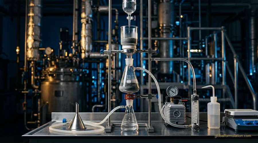 catalyst production scene — laboratory filtration setup separating dark catalyst powder from clear reaction liquid | Global Formulation