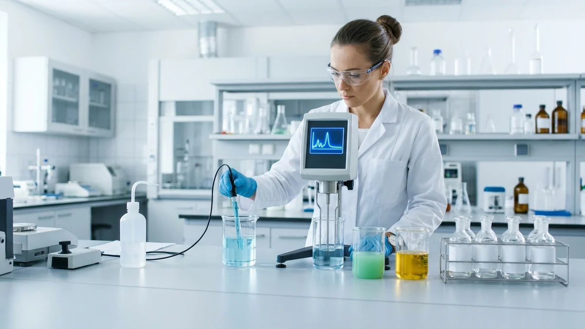 Técnico de laboratorio de control de calidad midiendo el pH de un detergente líquido con electrodo y viscosímetro rotacional