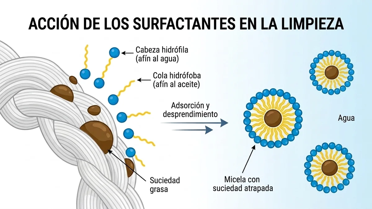 Esquema técnico en español sobre la acción de los surfactantes en la limpieza y formación de micelas con suciedad atrapada